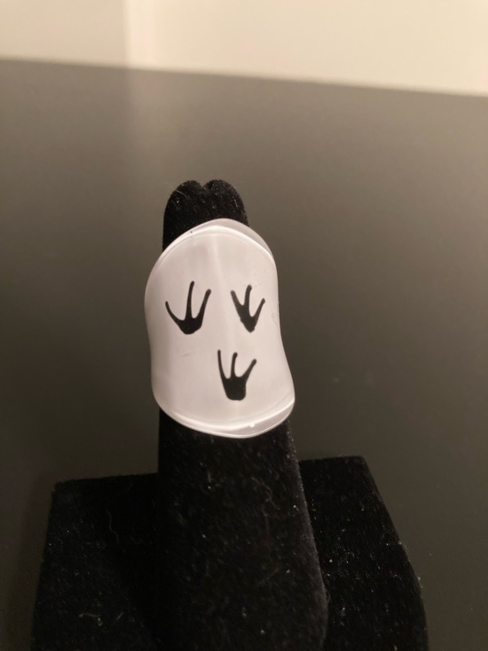 White Resin Statement Ring with Black Bird Track Motif Size 6